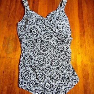 Black White Print One Piece Swimsuit Tummy‎ Control Ruched Swimwear